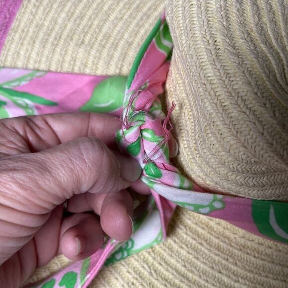 Lilly Pulitzer Straw Sun Hat Wide Brim‎ Pink Trim Floppy Beach Scarf Band #33499 - Picture 9 of 12